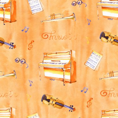 Bir suluboya arka plan dokusu üzerinde el çizilmiş müzik aletleri ile kesintisiz bir desen.