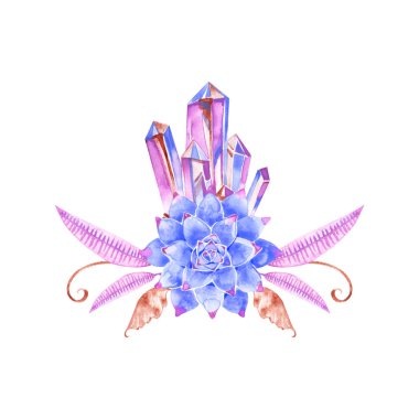 El çizilmiş suluboya kristal ve sulu kompozisyon. Düğün kartı, davetiye, poster, sarma, duvar kağıdı, kumaş için el çizilmiş boho baskı