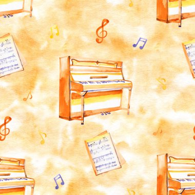 Bir suluboya arka plan dokusu üzerinde el çizilmiş müzik aletleri ile kesintisiz bir desen.