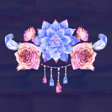 Güllü çiçek bohem buketi. Dekoratif kompozisyon düğün davetiyesi ve tarihi bildirimi kartı indirimden. Suluboya resim