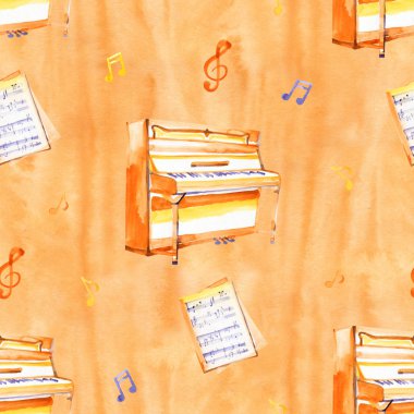 Bir suluboya arka plan dokusu üzerinde el çizilmiş müzik aletleri ile kesintisiz bir desen.