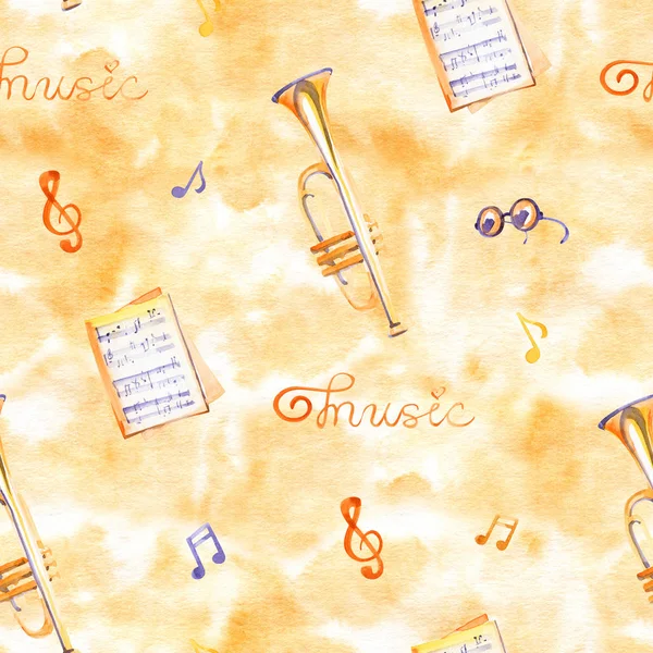Bir suluboya arka plan dokusu üzerinde el çizilmiş müzik aletleri ile kesintisiz bir desen. — Stok fotoğraf