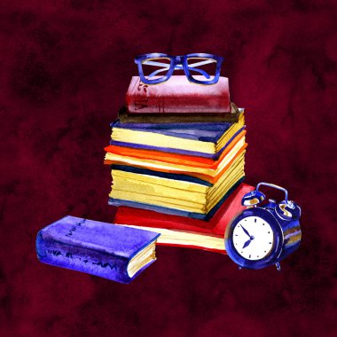 Suluboya illüstrasyon. Kitap ve saat ile Retro gözlük. Antika eşyalar.