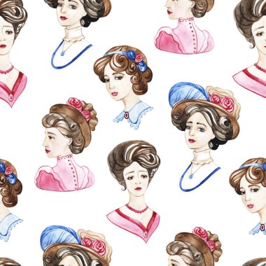 Suluboya vintage dikişsiz desen. 1900'lerde el çizilmiş grafik moda kroki.