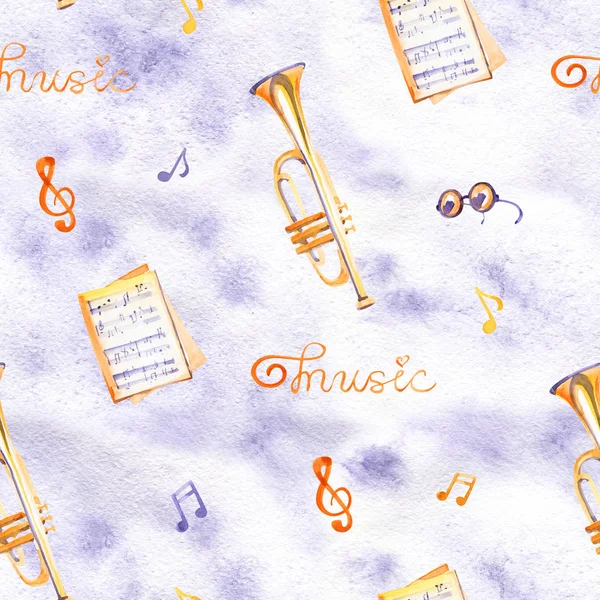 Zökkenőmentes mintázat kézzel rajzolt zenei hangszeren, akvarell háttér textúrával. — Stock Fotó