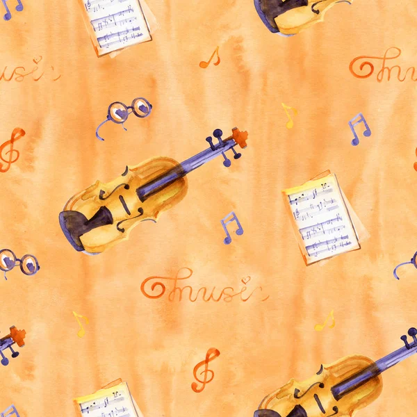 A seamless pattern with hand drawn music instruments on a watercolor background texture. — Stock Photo, Image