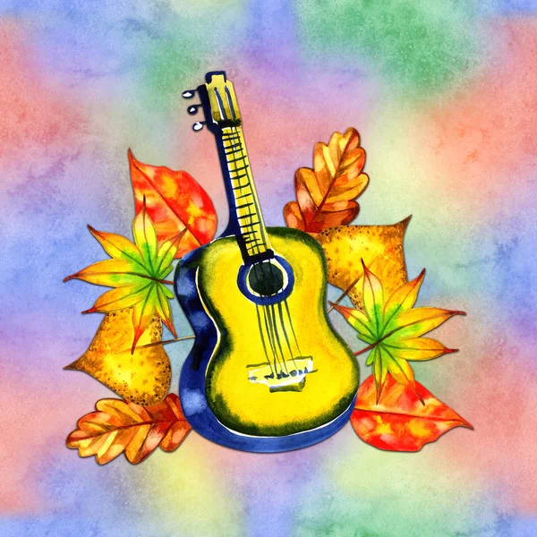Guitare abstraite ornée de feuilles d'automne. Affiche musicale. Parfait pour les cartes de vœux, les invitations de mariage, le design d'emballage et les décorations . — Photo
