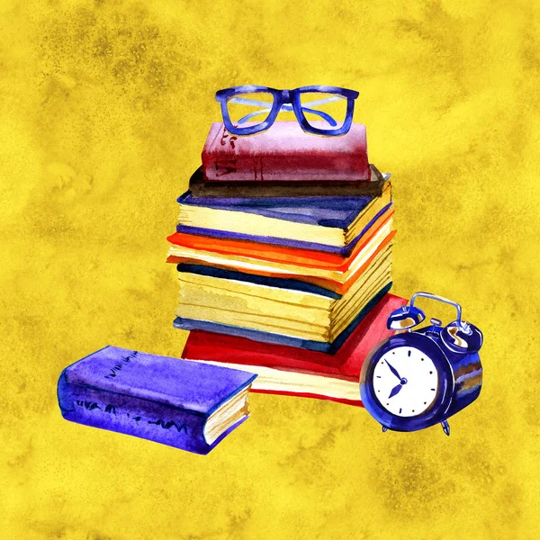 Ilustración en acuarela. Gafas retro con libros y reloj. Objetos antiguos . —  Fotos de Stock