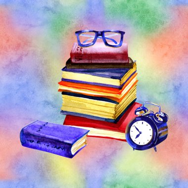 Suluboya illüstrasyon. Kitap ve saat ile Retro gözlük. Antika eşyalar.