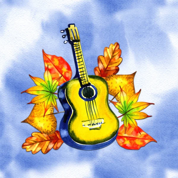 Abstraktní kytara vyzdobené podzimní listím. Hudební plakát. Ideální pro blahopřání, svatební pozvánky, návrhy obalů a dekorace. — Stock fotografie