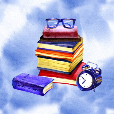 Suluboya illüstrasyon. Kitap ve saat ile Retro gözlük. Antika eşyalar.