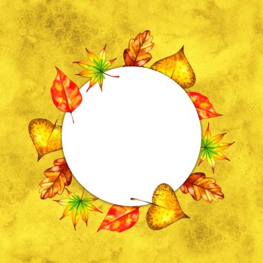 Suluboya sonbahar yaprağı sonbahar çerçevesi. Elle boyanmış elemanlar. Tebrik kartları, düğün davetiyeleri, ambalaj tasarımı ve dekorasyoniçin mükemmel.