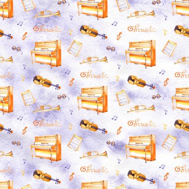 Bir suluboya arka plan dokusu üzerinde el çizilmiş müzik aletleri ile kesintisiz bir desen.