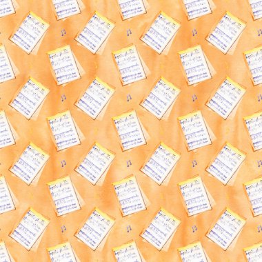 mavi nota ve işaretler ile Dikişsiz desen. Beyaz arka planda el çizilmiş parlak suluboya elemanları.