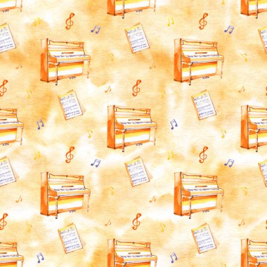 Bir suluboya arka plan dokusu üzerinde el çizilmiş müzik aletleri ile kesintisiz bir desen.