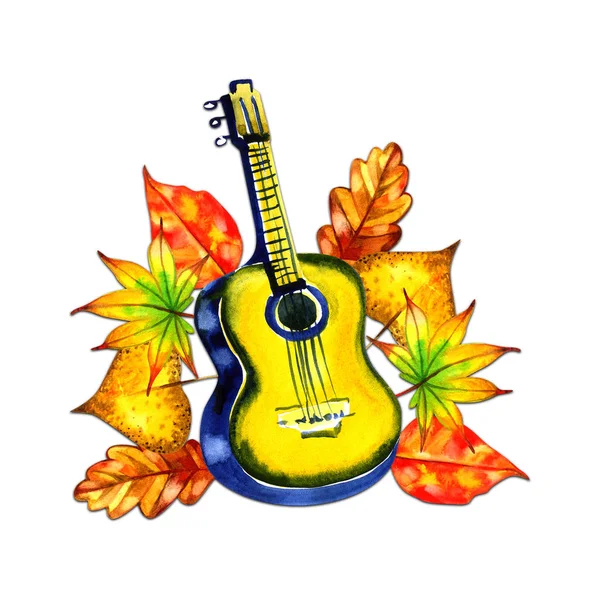 Guitarra abstrata decorada com folhas de outono. Cartaz musical. Perfeito para cartões de felicitações, convites de casamento, design de embalagens e decorações . — Fotografia de Stock