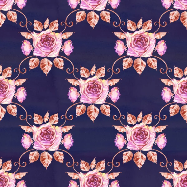 Akvarell rosor sömlösa mönster. Sömlös textur med Boho rosor. Handmålade Vintage Trädgårdsskötsel bakgrund. — Stockfoto