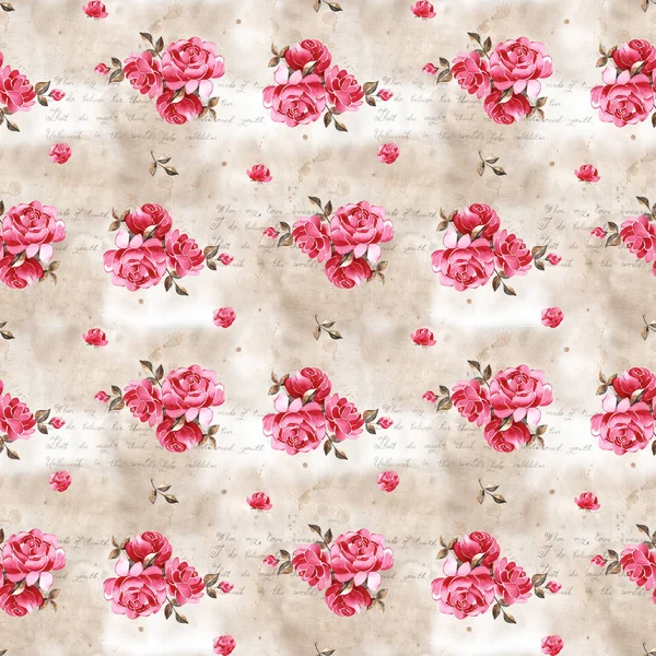 Watercolor floral pattern with gently pink English rose and spring flowers. Vintage seamless pattern. — Stock Photo, Image