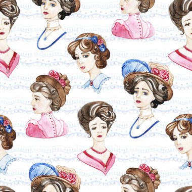 Dikişsiz vintage arka plan deseni. Suluboya el çizilmiş illüstrasyon