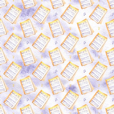 mavi nota ve işaretler ile Dikişsiz desen. Beyaz arka planda el çizilmiş parlak suluboya elemanları.