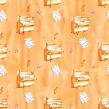 Bir suluboya arka plan dokusu üzerinde el çizilmiş müzik aletleri ile kesintisiz bir desen.