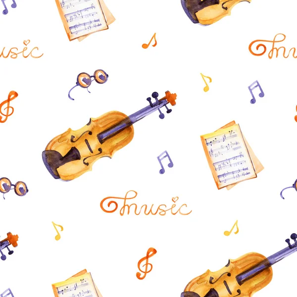 A seamless pattern with hand drawn music instruments on a watercolor background texture. — Stock Photo, Image