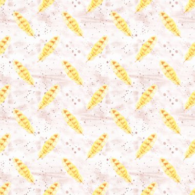 Suluboya el boyalı sarı tüyler illüstrasyon beyaz arka plan üzerinde izole dikişsiz desen. Elle çizilmiş tüylerle kusursuz doku. Tasarımınız için illüstrasyon. Parlak renkler.