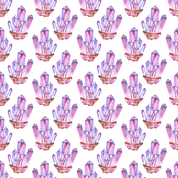원활한 수채화 손 페인트 보헤미안 패턴. 흰색 배경에 부드러운 핑크 크리스탈과 보석. 선물 용지 및 패브릭 프린트에 적합 — 스톡 사진