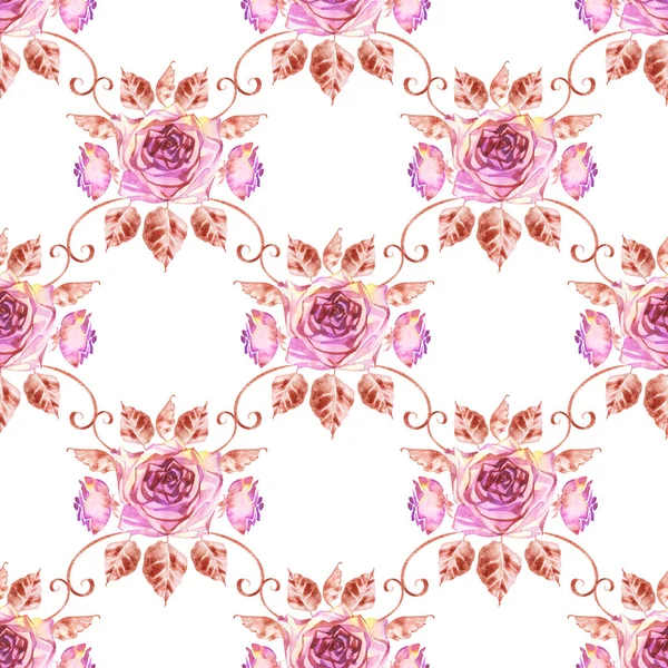 Akvarell rosor sömlösa mönster. Sömlös textur med Boho rosor. Handmålade Vintage Trädgårdsskötsel bakgrund. — Stockfoto