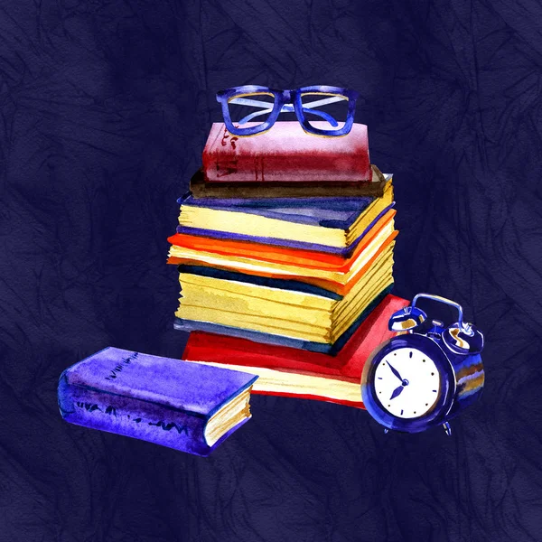 Suluboya illüstrasyon. Kitap ve saat ile Retro gözlük. Antika eşyalar.