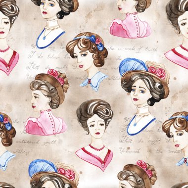 Dikişsiz vintage arka plan deseni. Suluboya el çizilmiş illüstrasyon