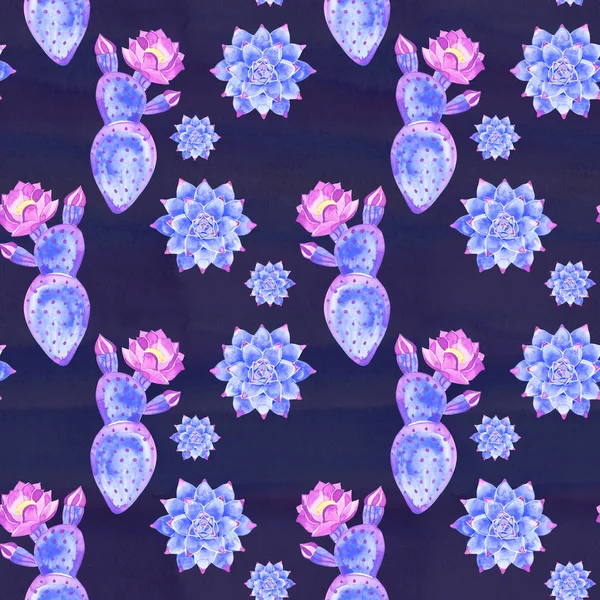 Acquerello disegnato a mano esotico botanica cactus blu illustrazione modello senza soluzione di continuità isolato su sfondo bianco — Foto Stock