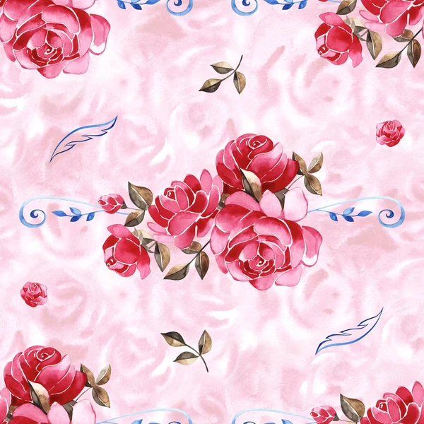 Watercolor hand-drawn beautiful seamless pattern with bouquets of bright peonies and foliage — Stock Photo, Image