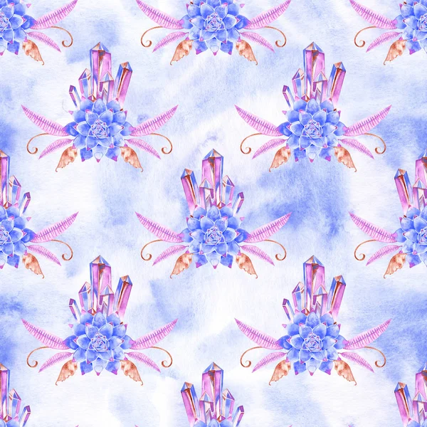 Acquerello disegnato a mano esotico botanica cactus blu illustrazione modello senza soluzione di continuità isolato su sfondo bianco — Foto Stock