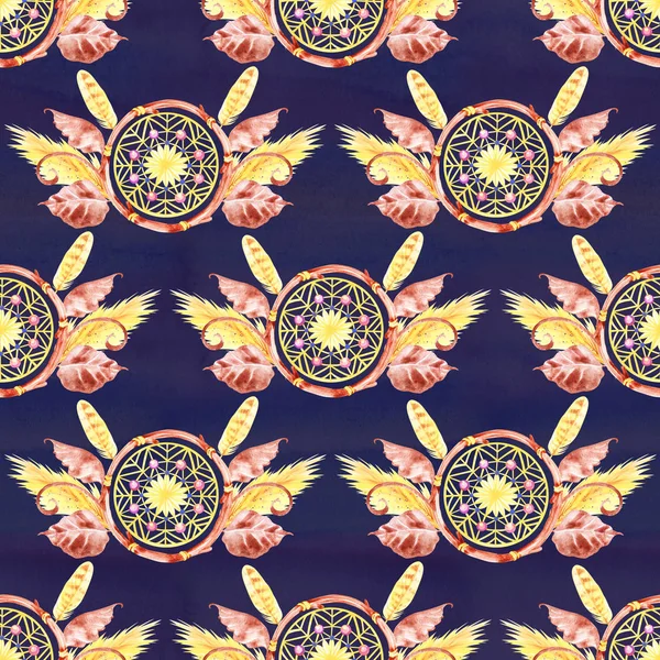 Seamless pattern with dreamcatchers, hand drawn in watercolor. Seamless texture with hand drawn feathers. Illustration for your design. Bright colors. — Stock Photo, Image