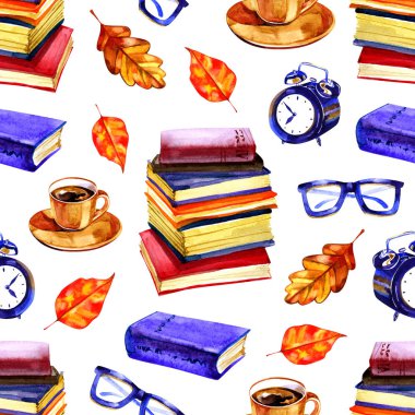 Suluboya da dikişsiz okul deseni. Kitaplar, ders kitapları. Tasarım tekstil, kağıt, Duvar Kağıdı, ambalaj, afiş, kartpostal, davetiye, kumaş