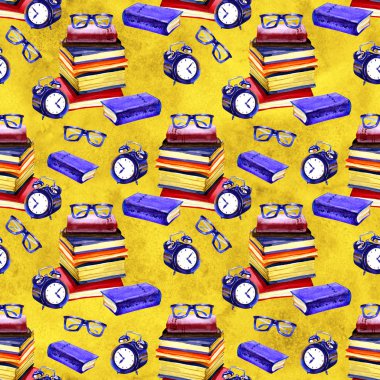 Suluboya Kitap dikişsiz desen. Suluboya dokusu. Okul temalı tasarıma geri dönelim. Kırmızı, Yeşil, Mavi Beyaz fon.