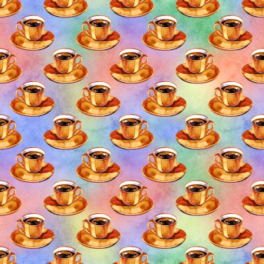 Kahve ile renkli fincan suluboya dikişsiz desen. Tasarımınız için illüstrasyon. Parlak renkler.