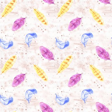 El boyalı suluboya tüyleri beyaz arka plan üzerinde sorunsuz desen. Dokulu pembe boho dekorasyon. Ambalaj kağıdı, kumaş ve tekstil için pastel süs.