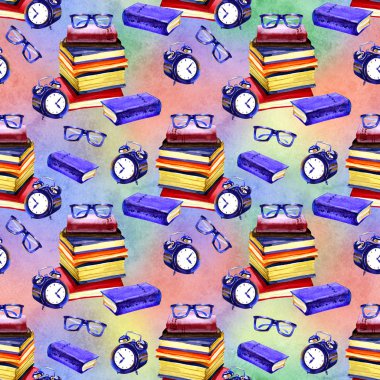 Suluboya Kitap dikişsiz desen. Suluboya dokusu. Okul temalı tasarıma geri dönelim. Kırmızı, Yeşil, Mavi Beyaz fon.