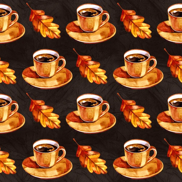 Patrón sin costura de acuarela con símbolos de otoño. Ilustración pintada a mano con taza de bebida caliente y hojas amarillas — Foto de Stock
