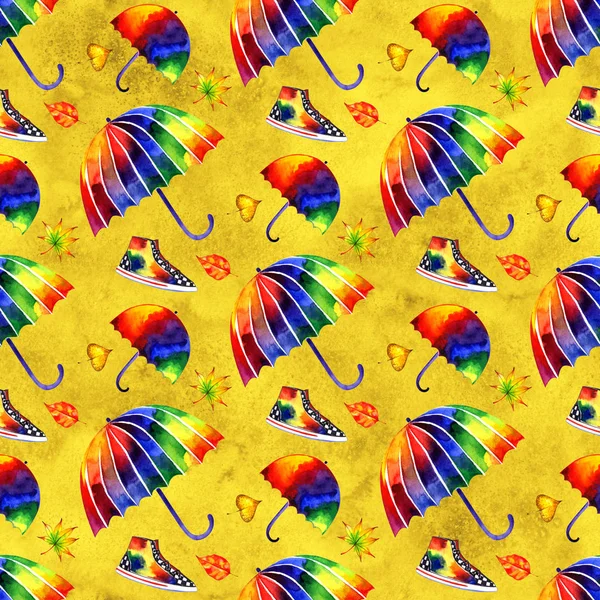 Aquarelle motif sans couture avec parapluies arc-en-ciel. Clipart numérique pour l'impression — Photo