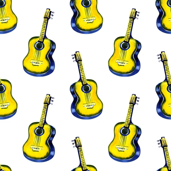 Padrão de aquarela sem costura acústica clássica guitarra amarela de madeira para têxteis, papel de parede, invólucros, tecido . — Fotografia de Stock