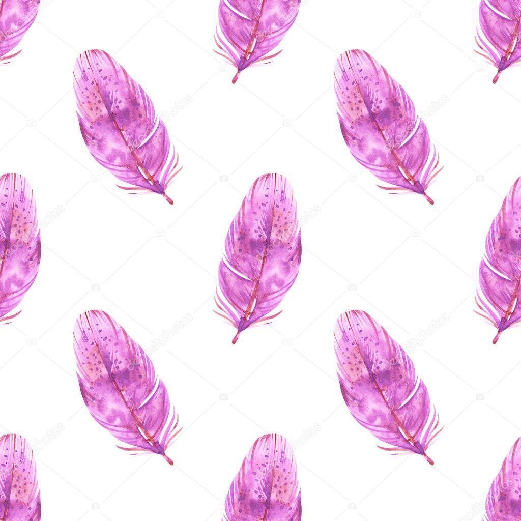Hand painted watercolor feathers seamless pattern on white background. Textured pink boho decoration. Pastel ornament for wrapping paper, fabrics and textile.