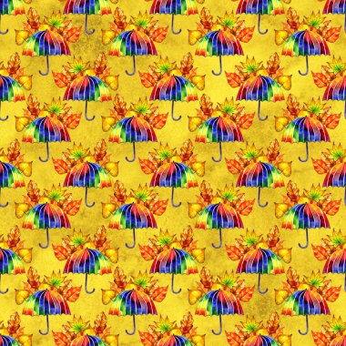 Gökkuşağı şemsiyeile suluboya dikişsiz desen. Yazdırma için dijital küçük resim