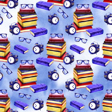 Suluboya da dikişsiz okul deseni. Kitaplar, ders kitapları. Tasarım tekstil, kağıt, Duvar Kağıdı, ambalaj, afiş, kartpostal, davetiye, kumaş