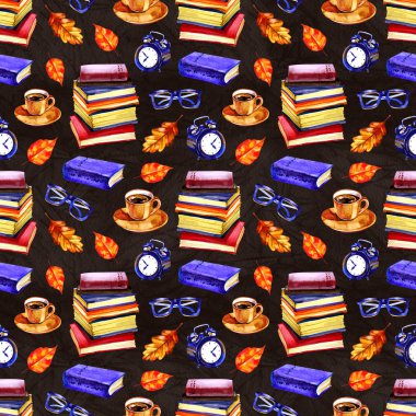 Suluboya da dikişsiz okul deseni. Kitaplar, ders kitapları. Tasarım tekstil, kağıt, Duvar Kağıdı, ambalaj, afiş, kartpostal, davetiye, kumaş