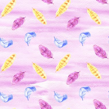 El boyalı suluboya tüyleri beyaz arka plan üzerinde sorunsuz desen. Dokulu pembe boho dekorasyon. Ambalaj kağıdı, kumaş ve tekstil için pastel süs.