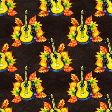 Müzik aleti ile sorunsuz bir arka plan deseni. Suluboya gitar ve sonbahar yaprakları. Yaprak müzik, vintage harfler vb artıkları ile Sonbahar tekrar baskı