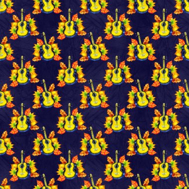 Müzik aleti ile sorunsuz bir arka plan deseni. Suluboya gitar ve sonbahar yaprakları. Yaprak müzik, vintage harfler vb artıkları ile Sonbahar tekrar baskı